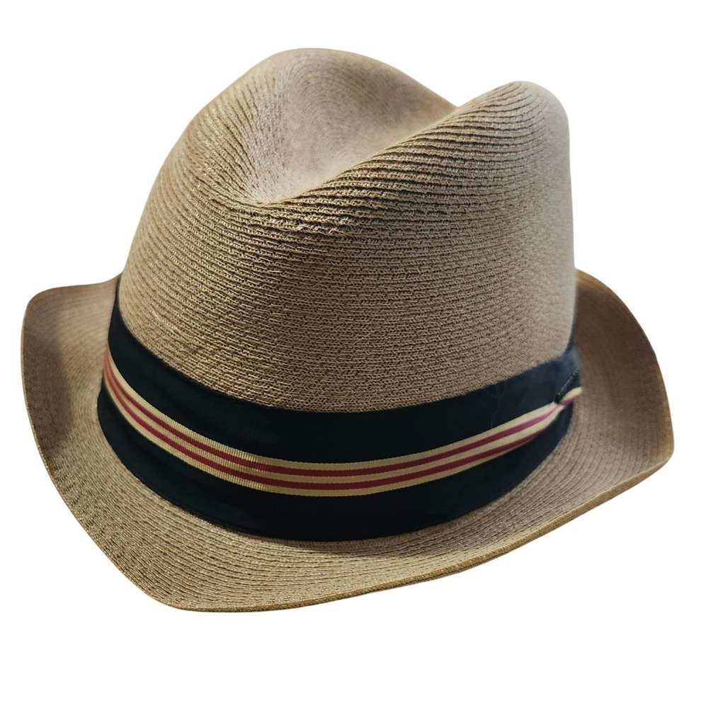 Stetson Straw Fedora Hat Mens 7 1/8 Tan Striped Grosgrain Band Vintage Style